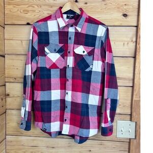 Trees Mountain Apparel Mens Red Plaid Flannel Button Up Shirt Made in Canada L‎